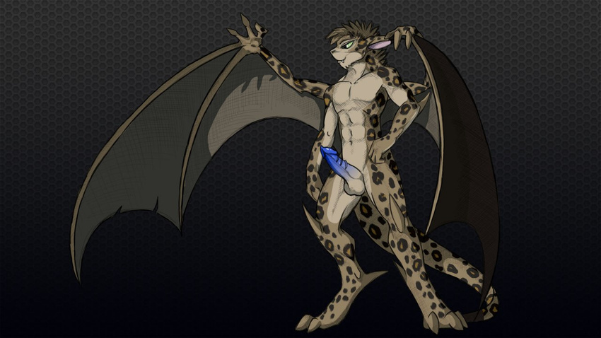 abs anthro barefoot black_background blue_penis dark_theme demon_wings erection fangs feline fur gargoyle gekko green_eyes grey_background grey_fur grey_hair hair hand_on_hip hybrid klaue leogarg leopard male mammal muscles naughty_face navel nude paws pecs penis plain_background pose shaded smile solo spread_wings texture_background wings