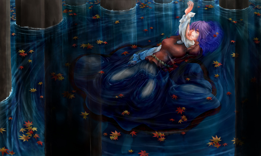 autumn_leaves blouse breasts broken_mirror bruise cuts expressionless floating hand_up highres injury leaf long_sleeves looking_up mabui maple_leaf onbashira partially_submerged purple_hair red_eyes ripples short_hair skirt solo torn_clothes touhou yasaka_kanako