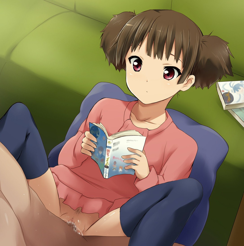 1girl black_legwear book bored censored clothed_sex couch expressionless hetero k-on! kaiga long_legs manga_(object) mosaic_censoring multitasking penis petite pillow pubic_hair pussy reading red_eyes sex short_hair short_twintails skirt skirt_lift solo_focus spread_legs suzuki_jun thighhighs twintails unamused vaginal