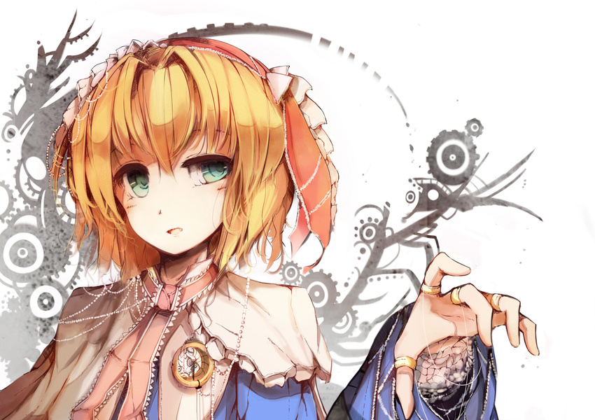 alice_margatroid blonde_hair blue_eyes brooch capelet gears hairband highres jewelry lolita_hairband long_sleeves looking_at_viewer open_mouth puppet_rings puppet_strings ribbon short_hair solo touhou upper_body venomrobo white_background