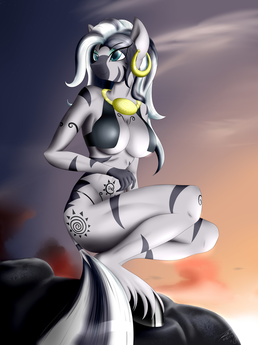 anthro anthrofied black_hair blue_eyes blumagpie breasts cleavage clothed clothing cloud crouching croushing equine eyeshadow female friendship_is_magic gold hair hooves makeup mammal my_little_pony navel necklace outside piercing rock sky solo stripes two_tone_hair white_hair zebra zecora_(mlp)
