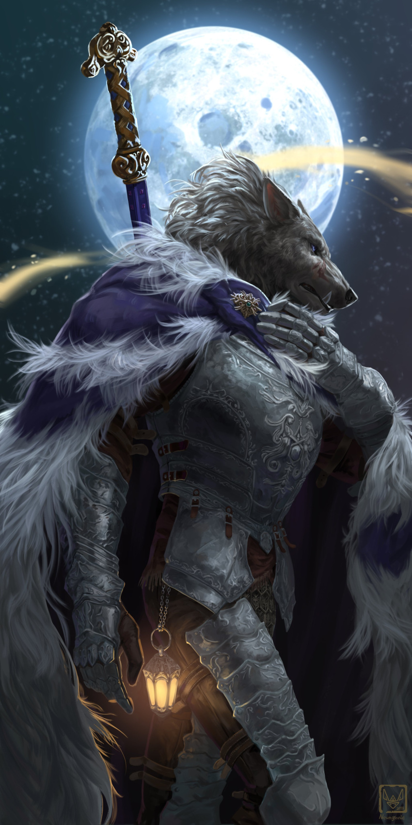 absurd_res anthro armor blaidd_(elden_ring) canid canine canis cape clothing elden_ring fromsoftware full_moon hi_res lamp lantern male mammal moon neungsonie solo video_games wolf