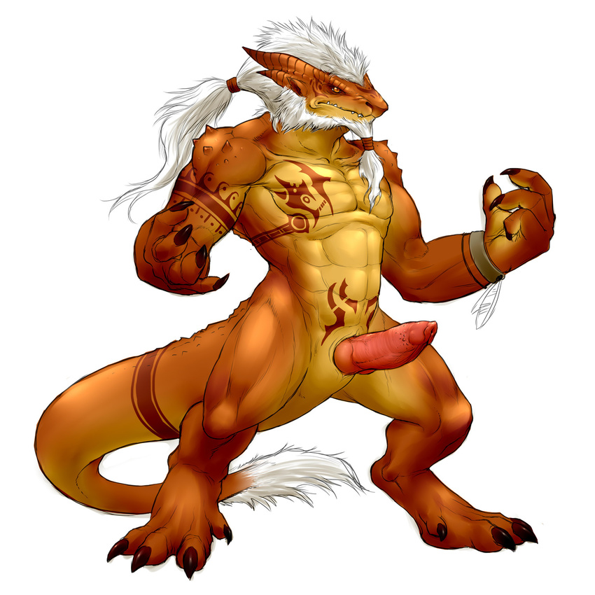 2014 abs barefoot beard biceps claws dragon facial_hair fur genital_slit hair hennex hi_res horn knot long_hair male manly muscles nude orange_dragon original_character pecs ponytail rollwulf sharp_claws sharp_teeth solo spikes standing teeth toe_claws