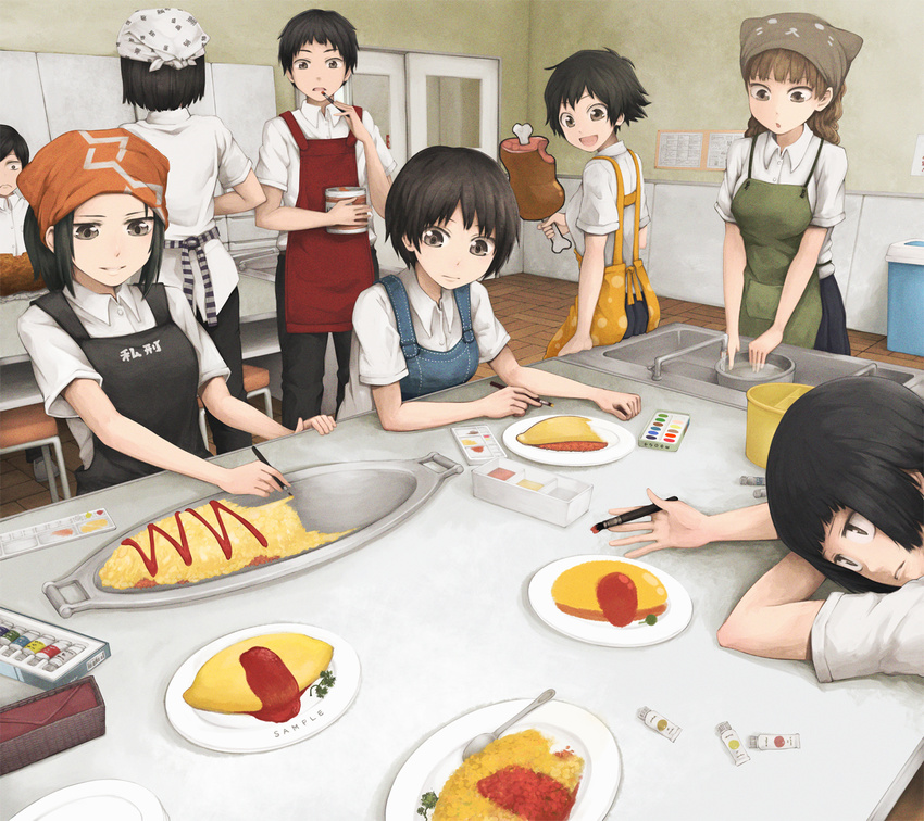 :d animal_hat apron black_hair boned_meat brown_eyes brown_hair commentary food hat head_scarf highres long_hair meat multiple_boys multiple_girls omurice open_mouth original paint paintbrush painting painting_(object) plate short_hair sink smile spoon yajirushi_(chanoma)