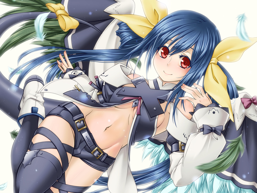 blue_hair blush bow dizzy feathers guilty_gear long_hair navel orippa red_eyes thighhighs twintails