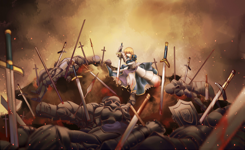 absurdres ahoge armor armored_dress army artoria_pendragon_(all) bad_id bad_pixiv_id blonde_hair cheese_kang corpse death dress excalibur fate/zero fate_(series) field_of_blades gauntlets green_eyes highres knight pile_of_corpses planted_sword planted_weapon saber solo sword weapon