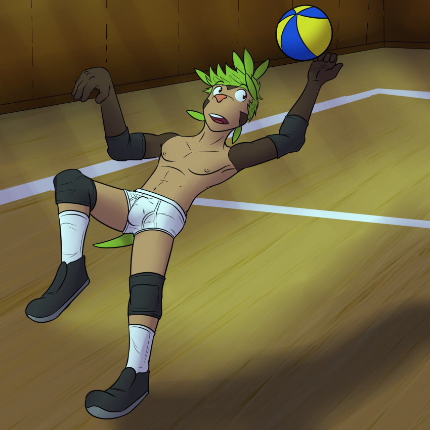 anthro anthrofied athletic briefs bulge chespin clothed clothing elbow_pads fuze hi_res knee_pads male nintendo nipples pok&eacute;mon pok&eacute;mon_(species) sport tighty_whities topless underwear video_games volleyball