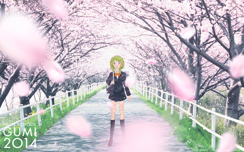 cherry_blossoms gumi headphones petals seifuku vocaloid