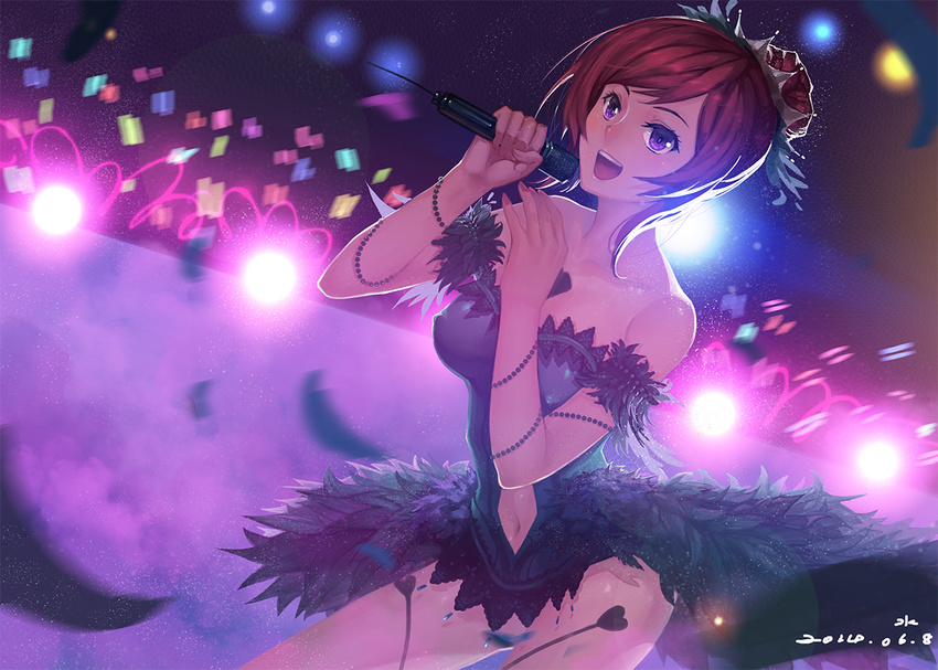 alternate_hairstyle bare_legs bare_shoulders black_dress blush breasts covered_nipples crown dress feathers hair_feathers love_live! love_live!_school_idol_project medium_breasts microphone music navel navel_cutout nishikino_maki open_mouth purple_eyes red_hair short_hair shuizhanglang singing skirt smile solo