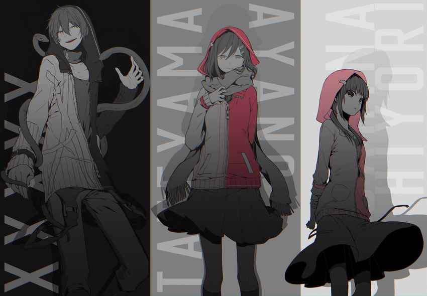 2girls asahina_hiyori bad_id bad_pixiv_id character_name dark_konoha daze_(kagerou_project) hair_ornament hairclip highres hood hoodie kagerou_project konoha_(kagerou_project) long_hair monochrome multiple_girls norishio_(noconoxx) scarf snake spot_color tateyama_ayano twintails