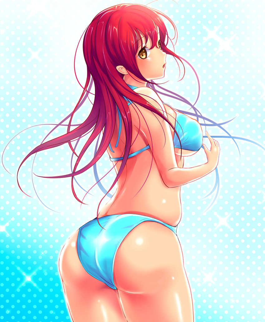 ass bad_id bad_pixiv_id bikini breasts brown_eyes from_behind highres karo_karo large_breasts long_hair original red_hair solo swimsuit