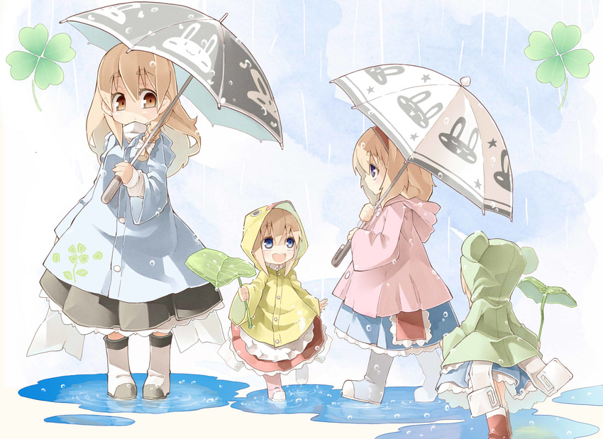 alice_margatroid animal_print black_dress blonde_hair blue_dress blue_eyes boots braid bunny_print child clover commentary_request dress four-leaf_clover hair_ribbon hat hat_with_ears highres hourai_doll kirisame_marisa leaf_umbrella long_sleeves md5_mismatch multiple_girls open_mouth parasol puddle rain raincoat red_dress ribbon rubber_boots shanghai_doll shunsuke single_braid smile touhou umbrella wide_sleeves yellow_eyes