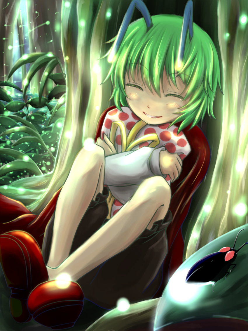 ^_^ antennae blush bug cape closed_eyes forest gift green_hair highres nature object_hug short_hair smile solo tamasan touhou wriggle_nightbug