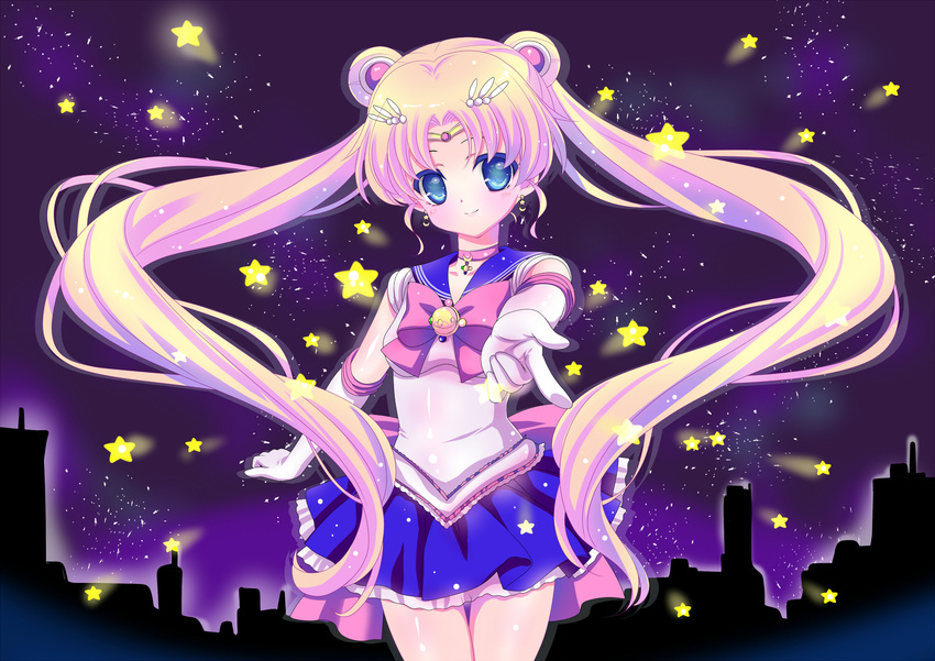 back_bow bishoujo_senshi_sailor_moon blonde_hair blue_eyes blue_sailor_collar blue_skirt bow brooch choker gloves hair_ornament hairpin highres jewelry long_hair magical_girl pleated_skirt purple_background red_bow red_choker ribbon sailor_collar sailor_moon sailor_senshi_uniform skirt smile solo star tiara tsukino_usagi twintails umetori_uriri white_gloves