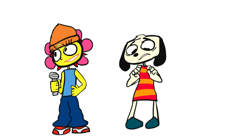 baggy_pants canine clothes_swap dog dress duo embarrassed flower mammal microphone parappa parappa_the_rapper sunny_funny