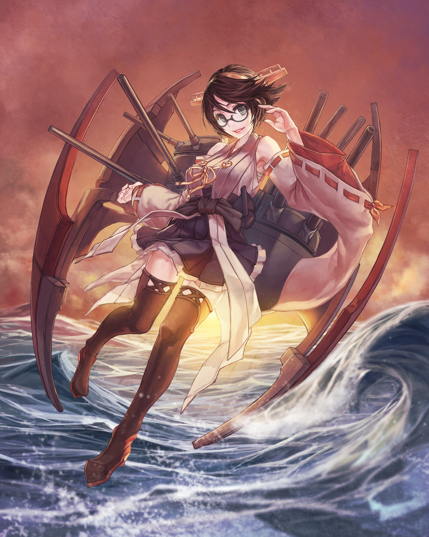 armpits bare_shoulders black_eyes boots breasts brown_hair detached_sleeves floating glasses hair_ornament highres kantai_collection kirishima_(kantai_collection) medium_breasts pleated_skirt rotix skirt smile solo thigh_boots thighhighs water