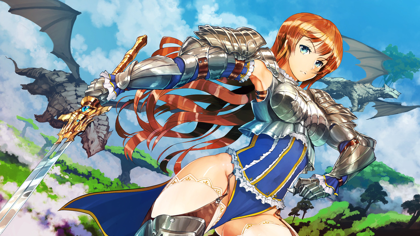 aqua_eyes armor armored_boots armored_dress armpits blue blue_eyes boots breastplate character_request cloud cloudy_sky copyright_request corset day dragon dress dutch_angle flying frilled_dress frills garter_straps gauntlets grass greaves highres holding holding_sword holding_weapon jean_popo loincloth long_hair looking_at_viewer pauldrons red_hair shoulder_armor sky solo spaulders sword thighhighs tree weapon white_legwear wings zettai_ryouiki