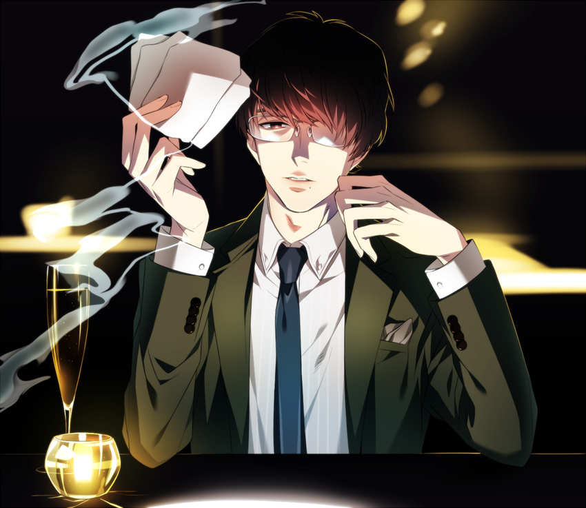 brown_hair formal glass glasses mozu_(tv_series) mtktc necktie paper shingai_kazuhiko smoke suit