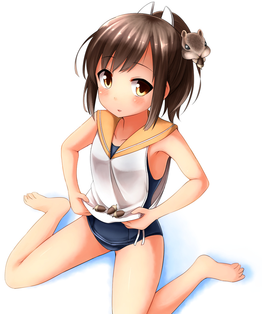 acorn barefoot brown_eyes brown_hair chipmunk faubynet highres i-401_(kantai_collection) kantai_collection md5_mismatch ponytail sailor_collar school_swimsuit short_hair sitting solo squirrel swimsuit swimsuit_under_clothes wariza