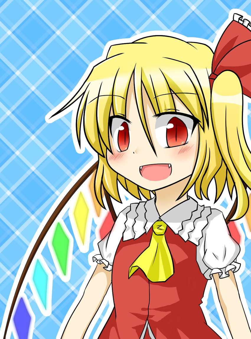 :d ascot bad_id bad_pixiv_id blonde_hair blue_background blush fangs flandre_scarlet frilled_shirt_collar frills hair_ribbon highres open_mouth outline plaid plaid_background puffy_short_sleeves puffy_sleeves red_eyes ribbon short_sleeves side_ponytail slit_pupils smile solo touhou vest wings yuutamiitan