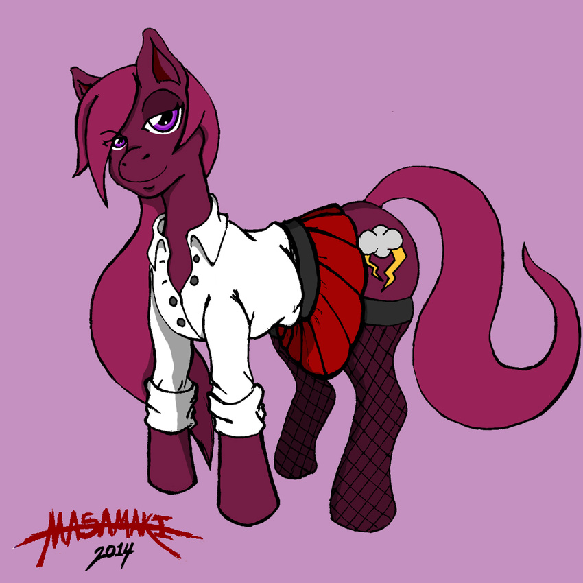 clothing cute cutie_mark earth_pony equine female feral friendship_is_magic hair happy horse legwear long_hair looking_at_viewer mammal masamaki my_little_pony original_character plain_background pony purple_eyes skirt smile solo stockings