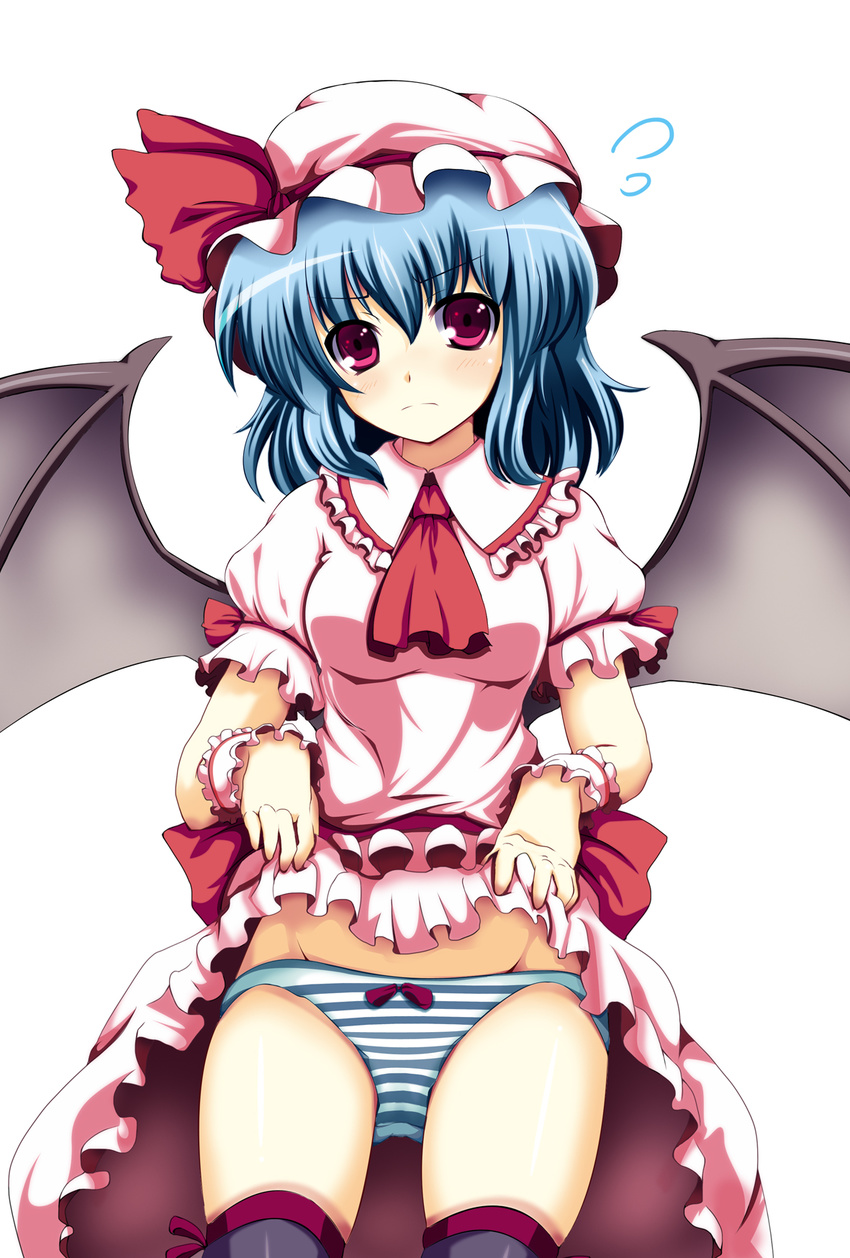 &gt;:( ascot bat_wings black_legwear bow bow_panties breasts dress dress_lift frown hat highres lavender_hair looking_at_viewer mob_cap nekur panties pink_dress puffy_short_sleeves puffy_sleeves red_eyes remilia_scarlet short_hair short_sleeves skindentation small_breasts solo standing striped striped_panties thighhighs touhou underwear v-shaped_eyebrows wings wrist_cuffs