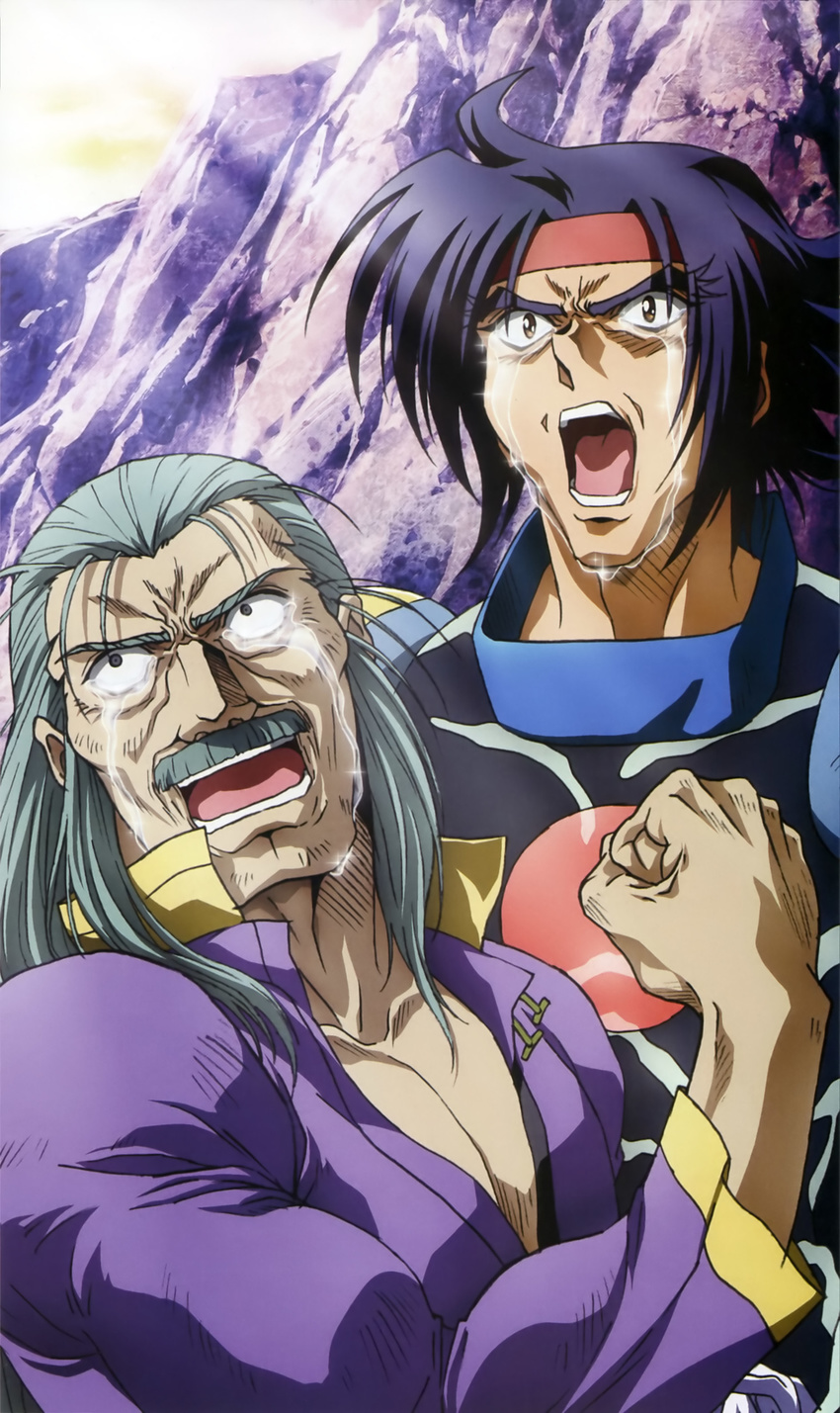 absurdres black_hair clenched_hand crying crying_with_eyes_open domon_kasshu facial_hair g_gundam grey_hair gundam hair_down highres long_hair manly manly_tears master_asia multiple_boys mustache official_art short_hair spoilers tears