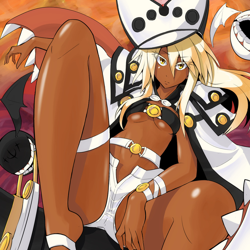 bad_id bad_pixiv_id barefoot belt beltbra breasts cape creature dark_skin expressionless futomashio guilty_gear guilty_gear_xrd hat highres long_hair medium_breasts open_fly ramlethal_valentine reclining short_shorts shorts silver_hair solo spread_legs thigh_strap underboob unzipped yellow_eyes