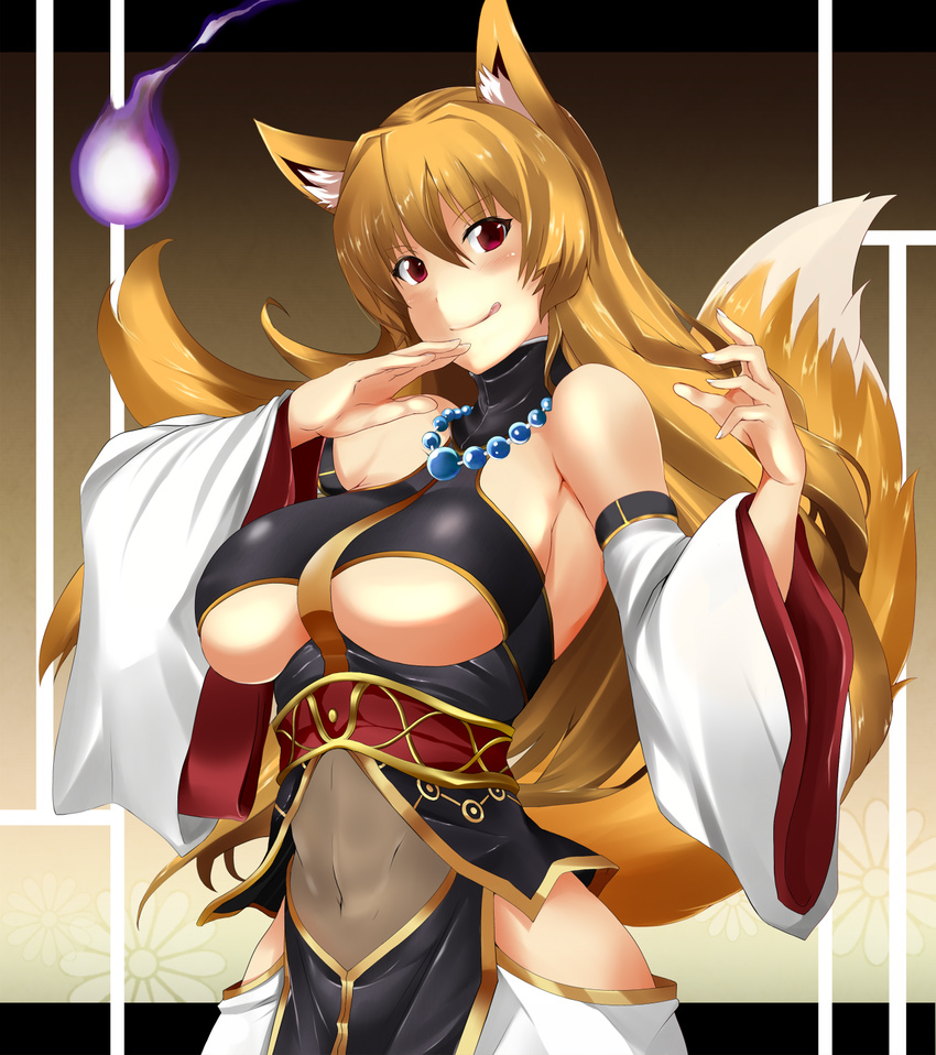 animal_ears blonde_hair blush breasts fox_ears fox_tail highres large_breasts licking_lips long_hair looking_at_viewer maki_ikazuya md5_mismatch navel original purple_eyes see-through smile solo tail tongue tongue_out underboob