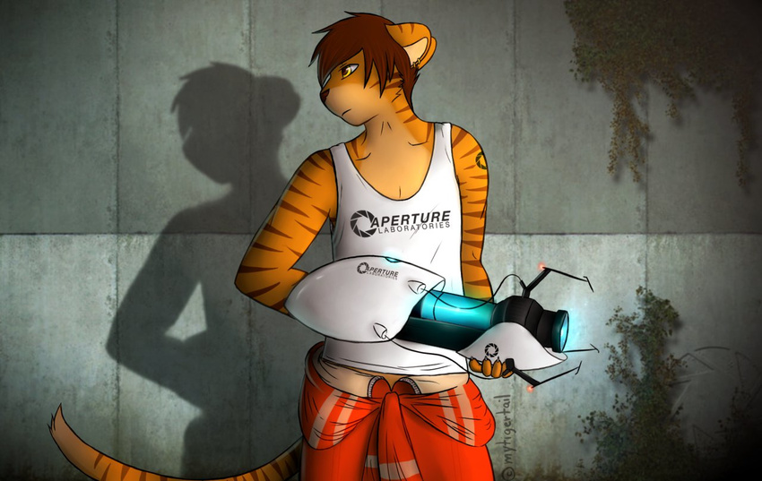 amber_eyes anthro aperture brown_hair brown_nose chamber claws clothing feline fur gabe hair hand jumpsuit male mammal moss mytigertail orange_fur panels pointy_ears portal_(series) portal_gun shirt solo tank_top tiger valve weapon