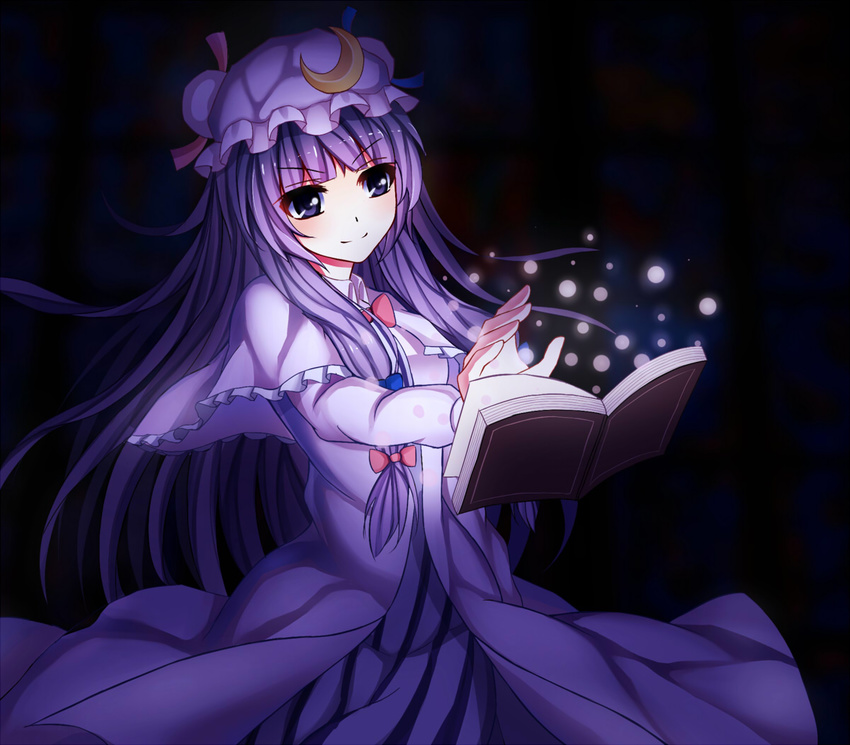 capelet coat crescent darkness dress floating_book hat long_hair long_sleeves magic meng_xiao_jiong mob_cap open_clothes open_coat outstretched_arm patchouli_knowledge purple_eyes purple_hair smile solo striped striped_dress touhou very_long_hair