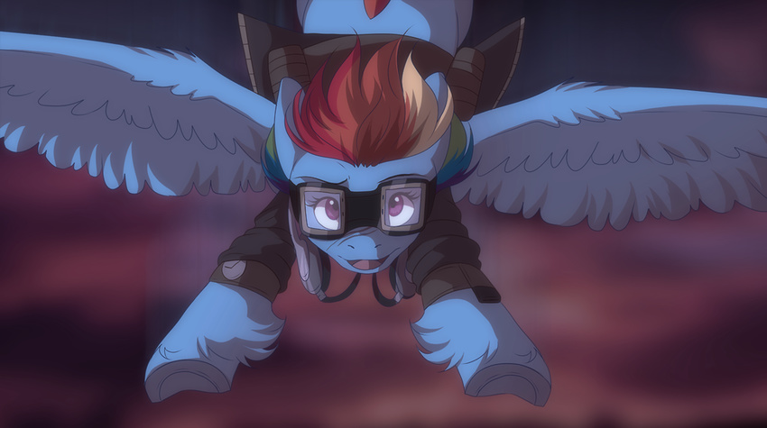 blue_fur dennybutt equine eyewear female feral flying friendship_is_magic fur goggles hair looking_at_viewer mammal multi-colored_hair my_little_pony open_mouth pegasus purple_eyes rainbow_dash_(mlp) rainbow_hair solo spread_wings wings