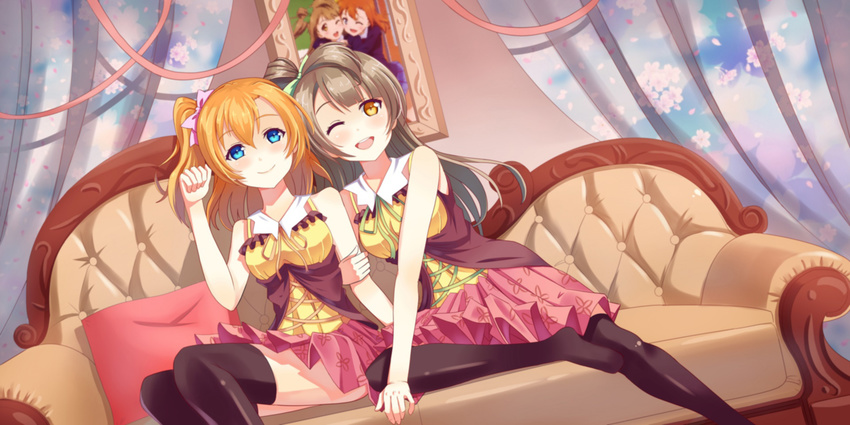 ;d arm_holding black_legwear blue_eyes bow brown_eyes brown_hair couch frills hair_bow highres kousaka_honoka long_hair looking_at_viewer love_live! love_live!_school_idol_project minami_kotori multiple_girls nai_zi one_eye_closed one_side_up open_mouth paw_pose school_uniform skirt smile thighhighs