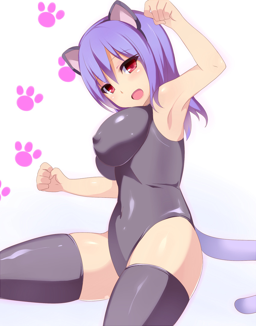 1girl animal_ears breasts cat_ears cat_tail curvy highres impossible_clothes large_breasts looking_at_viewer navel open_mouth original plump purple_hair red_eyes simple_background solo tail thighhighs touage_teishoku