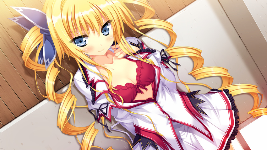 against_wall blonde_hair blue_eyes bow bow_bra bra drill_hair dutch_angle eve_elain_austin game_cg koiken_otome long_hair long_sleeves looking_at_viewer open_clothes open_shirt red_bra shirt skirt solo sweatdrop tateha_(marvelous_grace) twin_drills twintails underwear very_long_hair