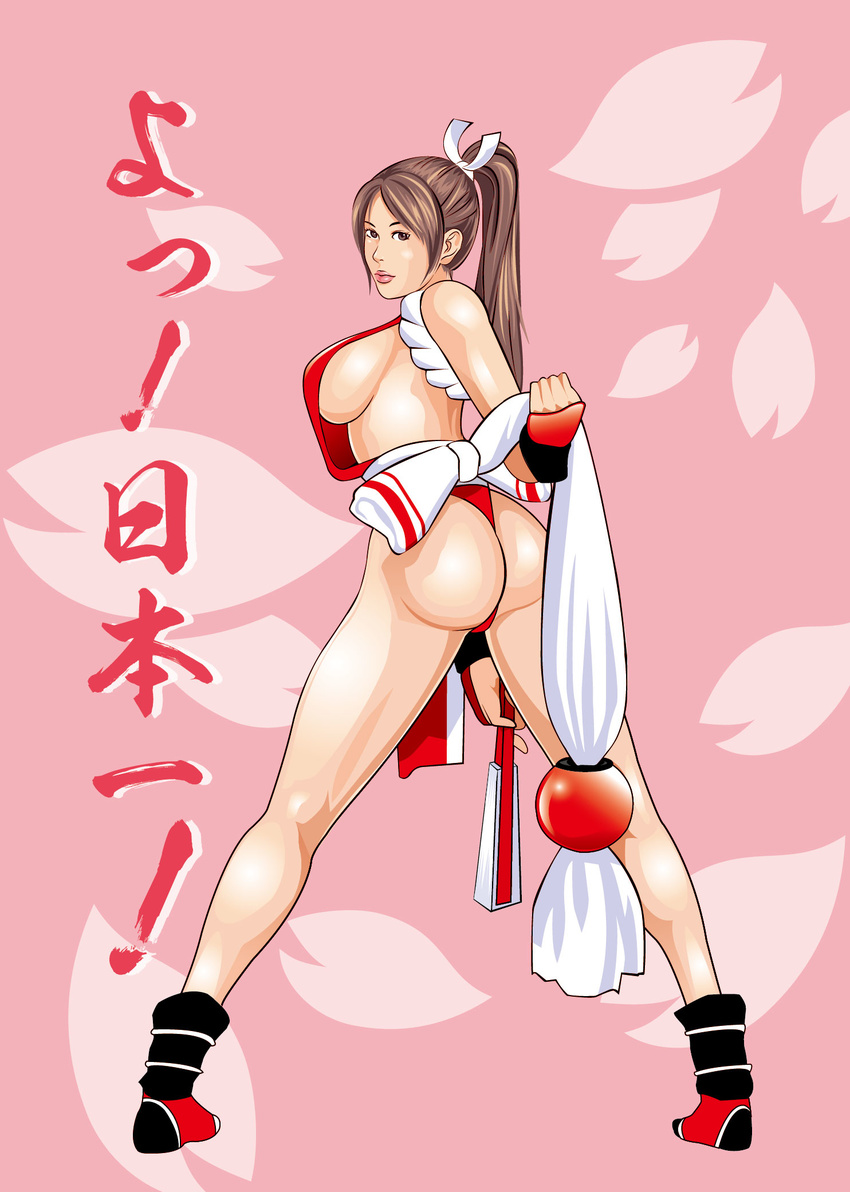 1girl areola_slip areolae arm_guards arm_support artist_request ass blush breasts brown_eyes brown_hair cameltoe ears erect_nipples fan fatal_fury feet fingernails from_behind full_body gloves hair_ribbon hand_on_knee high_ponytail hips huge_ass huge_breasts japanese_clothes kikikaikai king_of_fighters kneepits large_breasts legs leotard lips lipstick long_fingernails long_hair looking_at_viewer looking_back makeup ninja nipples no_bra panties parted_lips ponytail reclining red_lipstick revealing_clothes ribbon rope sash shiranui_mai sideboob signature simple_background sitting smile snk socks solo sweat thighs thong thong_leotard toes underwear white_panties