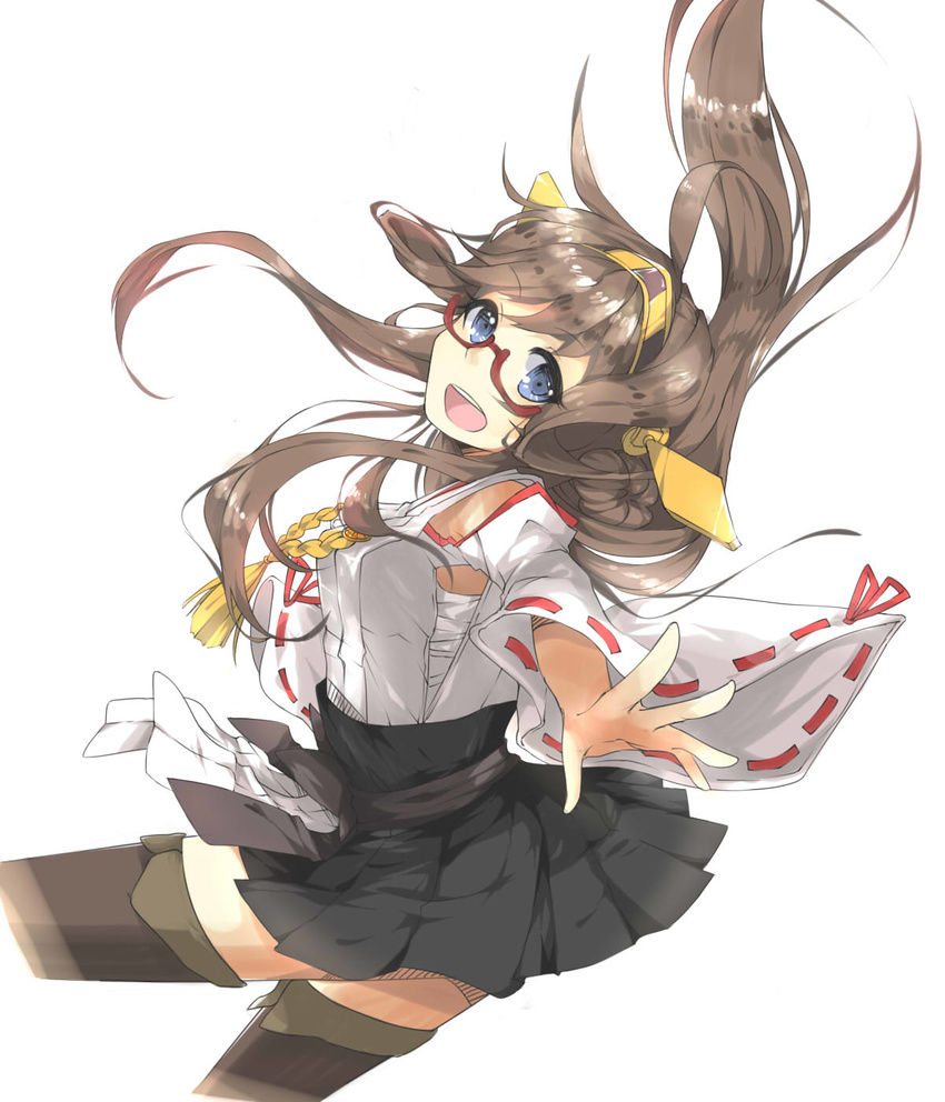 :d bad_id bad_pixiv_id bespectacled blue_eyes boots detached_sleeves glasses hairband highres kantai_collection kongou_(kantai_collection) open_mouth outstretched_hand ribbon-trimmed_sleeves ribbon_trim semi-rimless_eyewear skirt smile solo thigh_boots thighhighs tomo_futoshi under-rim_eyewear