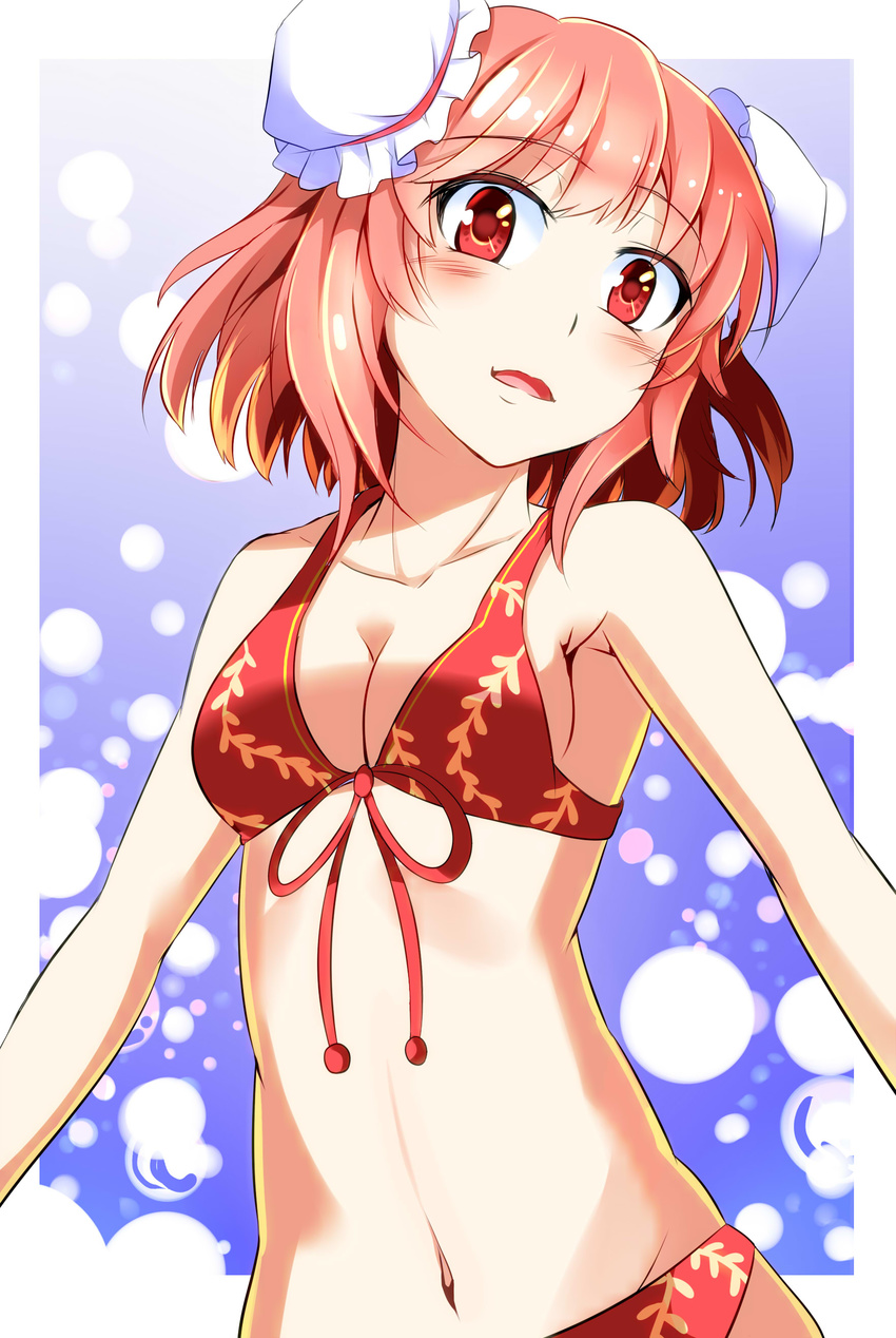 absurdres bikini blush breasts cleavage double_bun e.o. front-tie_top highres ibaraki_kasen looking_away navel parted_lips pink_hair red_eyes short_hair small_breasts swimsuit touhou