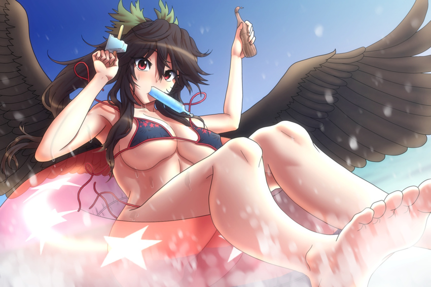 barefoot bikini black_bikini black_hair blue_sky bottle bow breasts clenched_hands day feet food food_in_mouth hair_bow highres ice_cream innertube kezune_(i-_-i) large_breasts mouth_hold outdoors perspective ponytail popsicle red_eyes reiuji_utsuho side-tie_bikini sky soles splashing string_bikini swimsuit thighs toes touhou underboob untied untied_bikini ward water wings