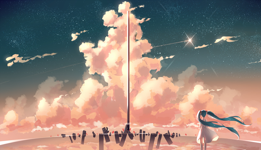 cloud dress from_behind green_hair highres long_hair original phantania reflection ripples scenery sky sleeveless solo spaghetti_strap sparkle standing star_(sky) sundress twintails very_long_hair white_dress
