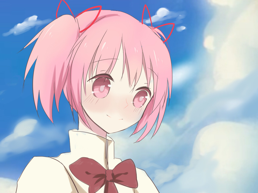 ai635623656 bad_id bad_pixiv_id bow cloud day kaname_madoka mahou_shoujo_madoka_magica pink_eyes pink_hair school_uniform short_hair short_twintails sky smile solo twintails