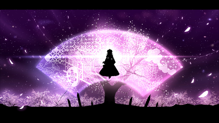 bad_id bad_pixiv_id floating goshoguruma highres letterboxed levitation minust night night_sky perfect_cherry_blossom petals saigyou_ayakashi saigyouji_yuyuko saigyouji_yuyuko's_fan_design shippou_(pattern) silhouette sky solo star_(sky) starry_sky touhou wallpaper