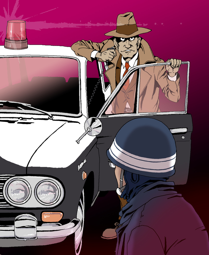car hat lupin_iii motor_vehicle police police_car trench_coat vehicle zenigata_kouichi