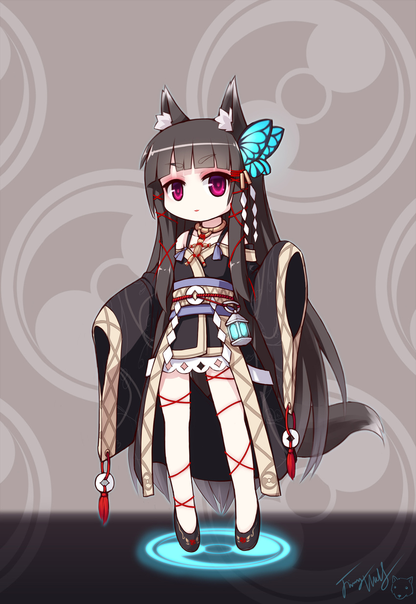 animal_ears black_hair fox_ears fox_tail highres japanese_clothes langbazi long_hair original purple_eyes solo tail