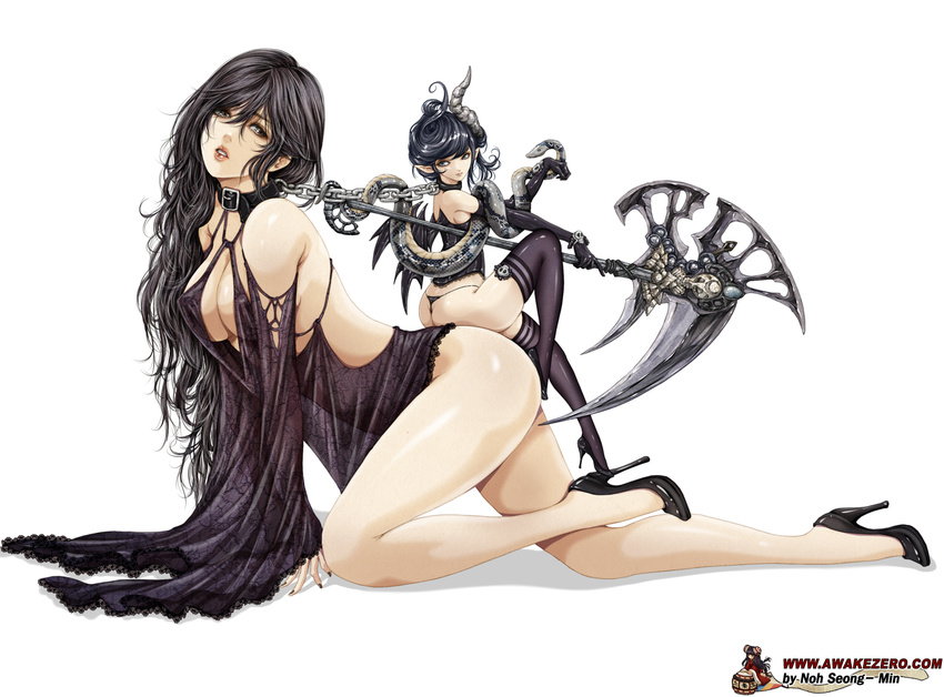 bdsm black_hair blue_eyes blue_hair breasts brown_eyes chain collar covered_nipples demon_girl elbow_gloves femdom giantess gloves high_heels highres horns large_breasts leash lingerie long_hair multiple_girls noh_seong-min original pointy_ears scythe snake underwear watermark white_background wings yuri