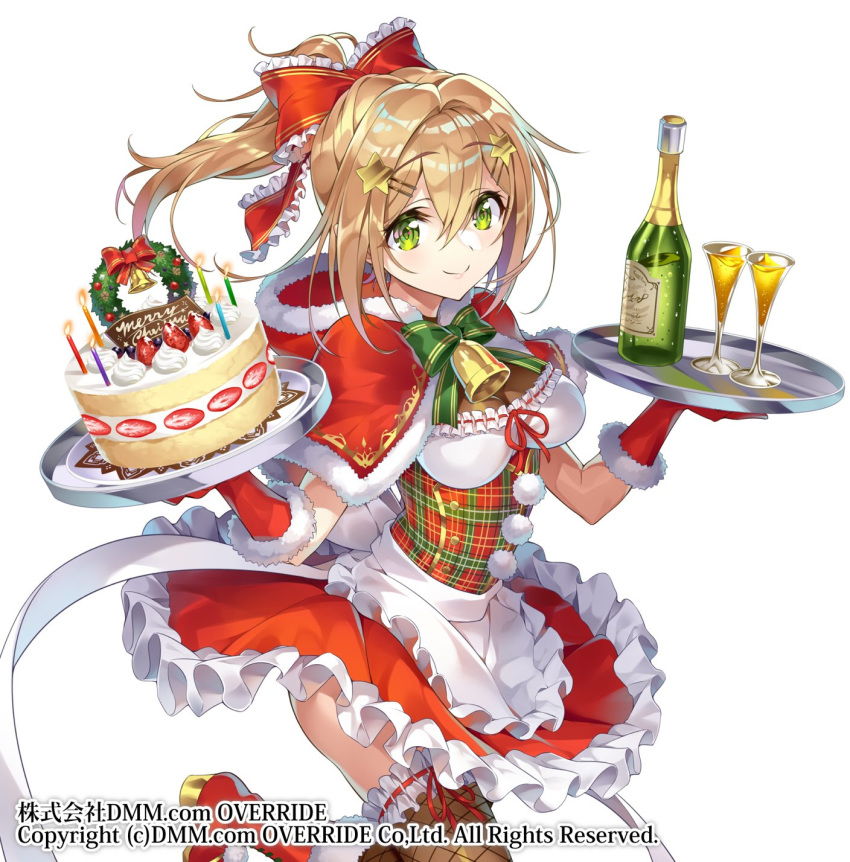 1girl alcohol apron bangs bell blonde_hair boots bottle bow bowtie breasts buttons cake candle candlelight capelet champagne champagne_bottle champagne_flute christmas_cake christmas_dress christmas_wreath commentary_request copyright_name cream cup dress drinking_glass elbow_gloves eyebrows_visible_through_hair fishnet_legwear fishnets food frilled_skirt frills fruit fur_trim gan_(shanimuni) glass_bottle gloves green_eyes hair_bow hair_ornament hairclip highres hood hood_down kanpani_girls knee_boots lips long_hair looking_at_viewer medium_breasts pom_pom_(clothes) ponytail red_dress red_footwear red_gloves shiny shiny_hair short_dress simple_background skirt smile solo star star_hair_ornament strawberry thighhighs tray waist_apron white_background zettai_ryouiki