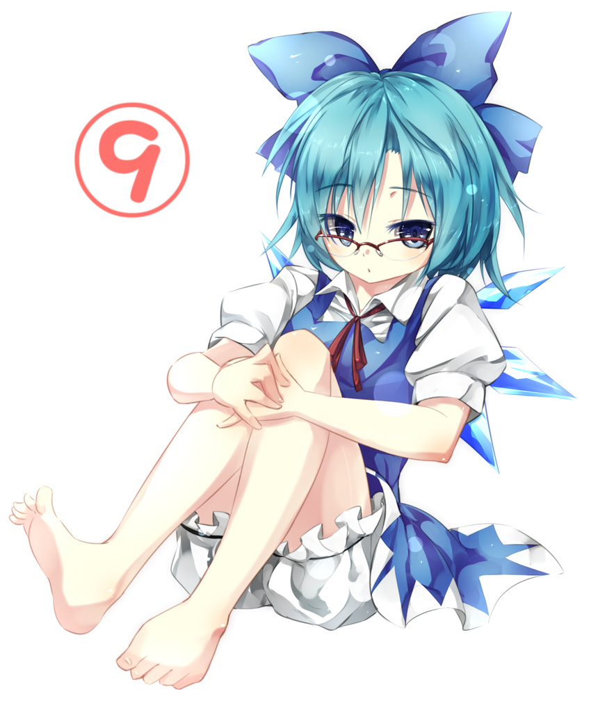 1girl barefoot bespectacled bloomers blue_dress blue_eyes blue_hair bow cirno dress full_body glasses gorilla_(bun0615) hair_bow highres ice ice_wings leg_hug looking_at_viewer puffy_short_sleeves puffy_sleeves short_sleeves simple_background solo touhou underwear white_background white_bloomers wings