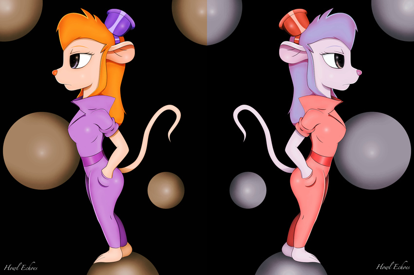 belt black_background brown_eyes chip_'n_dale_rescue_rangers chip_'n_dale_rescue_rangers coveralls disney duo female gadget_hackwrench grey_eyes hair hands_in_pockets hat hi_res howl_echoes looking_away mammal mouse orange_hair pink_nose pink_skin plain_background purple_hair reflection rodent round_ears signature skinny_tail standing symmetry tapering_tail