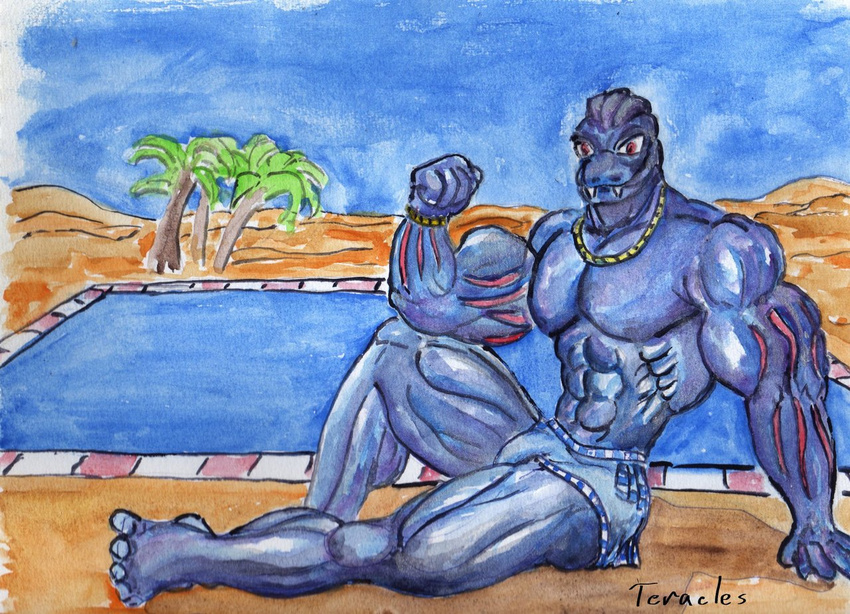 abs anthro armpits barefoot beach biceps big_muscles blue_skin bodybuilder bulge butt clothed clothing desert fangs gay greek loincloth looking_at_viewer lying machoke male man_bulge mini_skirt muscles navel necklace nintendo nipples outside palm_tree palms pecs pok&#233;mon pok&eacute;mon pool pose purple_skin sand seaside sixpack skirt sky smile solo swimming_pool swimmingpool swimsuit teeth teracles topless underwear upskirt video_games water wet