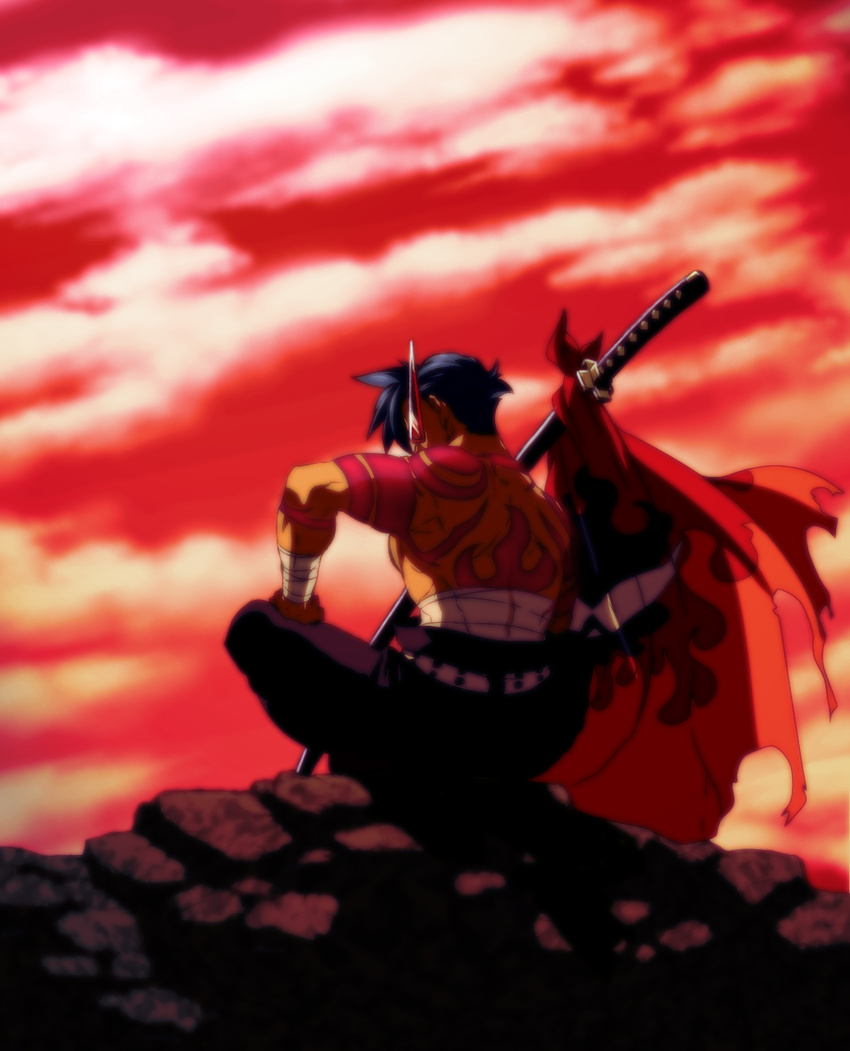 back bad_id bad_pixiv_id bandages blue_hair bodypaint flag from_behind glasses highres kamina kamina_shades katana male_focus manly matsukaze_yukiji muscle sheath sheathed shirtless sitting solo sunset sword tengen_toppa_gurren_lagann weapon